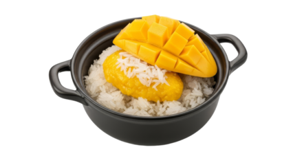 Captivating composition of delectable mango sticky rice served in a sleek black bowl showcasing the vibrant colors and textures of this asian treat
