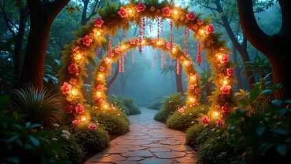Magical Forest Path With Glowing Light Arches