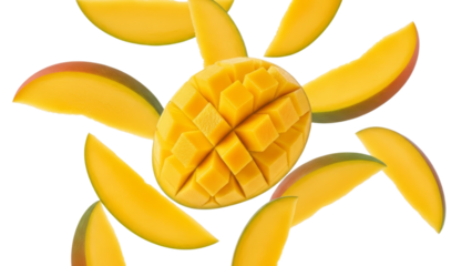 Radiant mango slices and diced fruit core floating on a bright backdrop offering a refreshing summer vibe