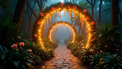 Magical Forest Path With Glowing Light Arches