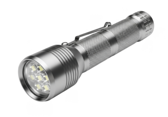 Silver Metal Flashlight with LED Bulbs and Clip for Camping, Hiking, Outdoor Adventures on Transparent Background