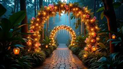 Magical Forest Path With Glowing Light Arches