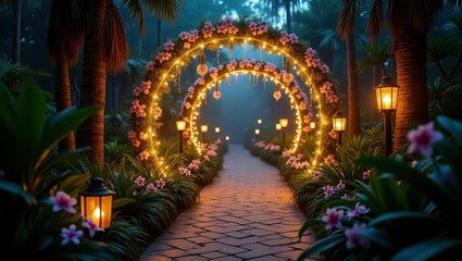 Magical Forest Path With Glowing Light Arches