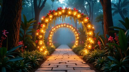 Magical Forest Path With Glowing Light Arches