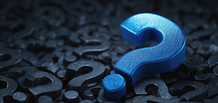 The Blue Question Mark Standing Prominently on a Dark Textured Field of Question Marks