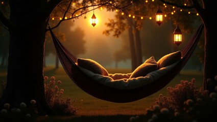 Peaceful Hammock Under Moonlit Garden Lights