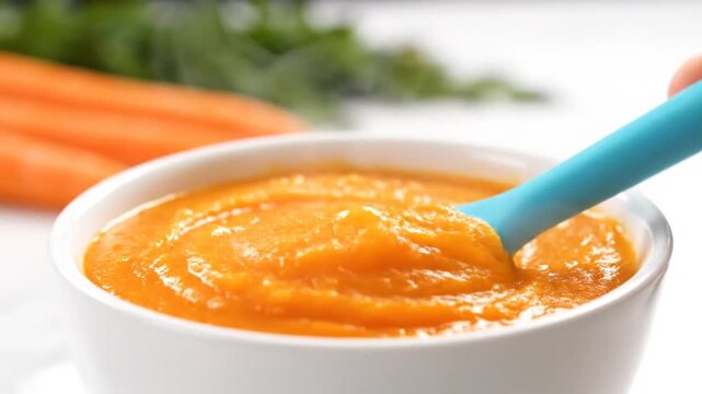 A close-up shot of a white bowl filled with vibrant orange carrot puree, with a blue spoon scooping a portion, ready for a baby.