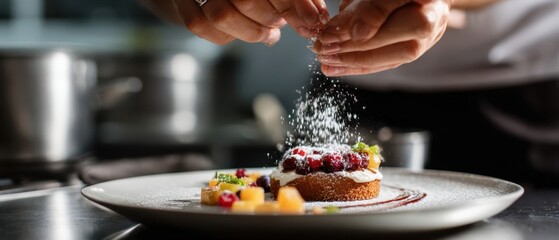 The dessert tart being dusted with powdered sugar and fresh berries by a chef