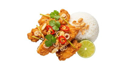 Deliciously plated fried chicken with rice and vibrant garnishes creates a tempting culinary presentation that blends textures and flavors for an