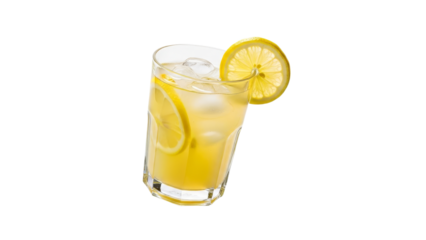 Refreshing lemon beverage with ice cubes in a faceted glass on a pristine white background evoking summery refreshment and pure citrus essence