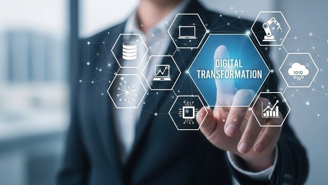 Digital transformation concept with businessman touching holographic interface - Powered by Adobe