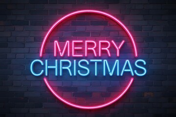 Obraz premium Bright Neon Merry Christmas Sign on Dark Brick Wall for Modern Holiday Celebration and Night Ambience