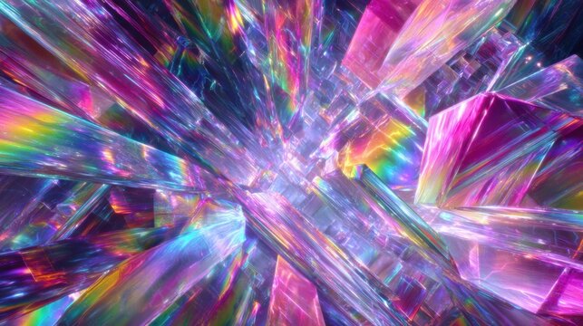 Brightly colored crystals scatter light in an intricate pattern, creating a mesmerizing display of colors and shapes. This digital art piece invites viewers to explore its depth.
