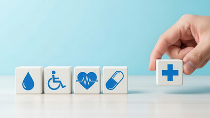 Hand placing medical cross block, alongside health, wellness, and care icons.