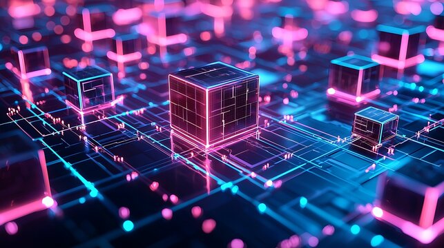 Glowing digital blocks forming futuristic network high resolution picture