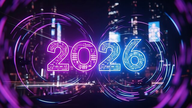 Futuristic Neon 2026 New Year Celebration – Cyberpunk Style with Glowing Numbers and Vibrant Night Lights - Powered by Adobe