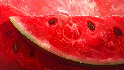 Close-up view of a vibrant, painted watermelon slice, capturing the juicy texture and seeds. Light highlights the wetness