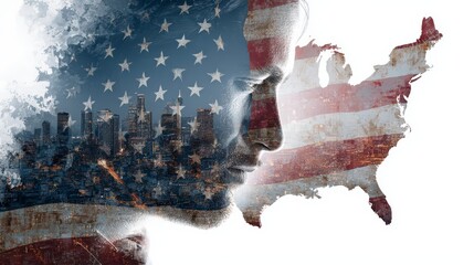 Patriotic Vision: A composite image intertwines the American flag, a profile, and a map of the United States. Illustrating patriotism and the country's unity and identity.