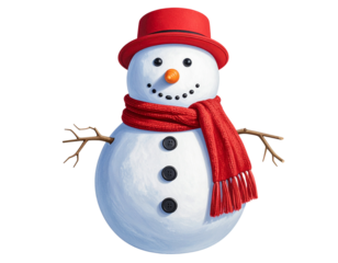 Smiling Snowman with Red Hat and Scarf, Front View Winter Character, Isolated on Transparent Background