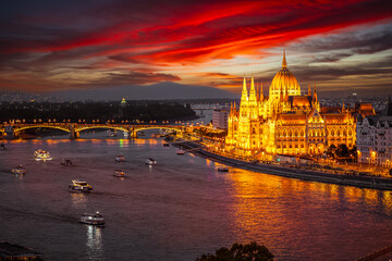 Night view of Hungarian Parliament and the Danube river at night, Budapest, Hungary