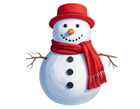 Smiling Snowman with Red Hat and Scarf, Front View Winter Character, Isolated on Transparent Background - Powered by Adobe
