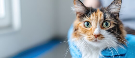 The cat with striking green eyes wearing a blue sweater indoors by a window