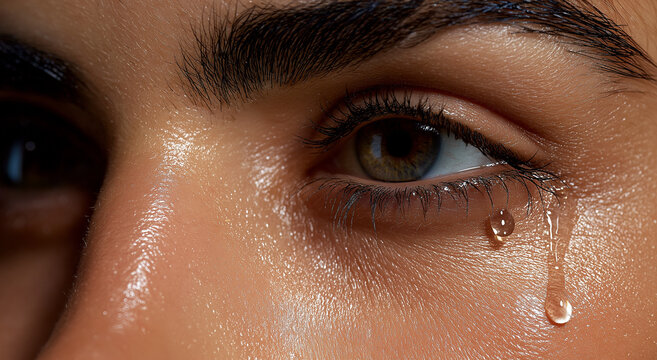 Stunning close up of an expressive eye shedding a single, glistening tear drop