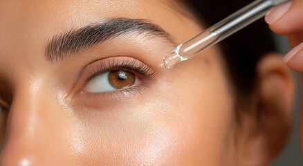 Stunning close up woman applies moisturizing serum near eye for radiant skin care routine