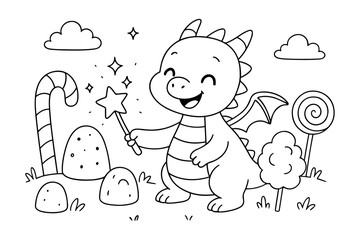 Cute Baby Dragon Holding Magic Wand with Candy and Clouds Coloring Page