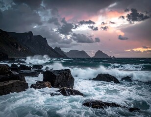 Dramatic seascape showcasing powerful waves crashing on rocky coastline