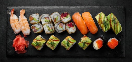 The sushi platter of assorted nigiri and maki rolls with avocado and ginger