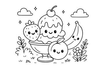 Cute Kawaii Ice Cream Sundae with Strawberry, Peach, Banana, and Flowers Coloring Page