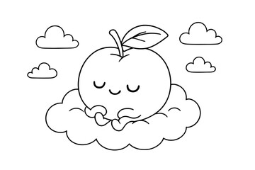 Cute Apple Character Sleeping Peacefully on a Cloud with Small Clouds Around