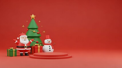 Santa Claus and snowman by Christmas tree with gifts on red podium.