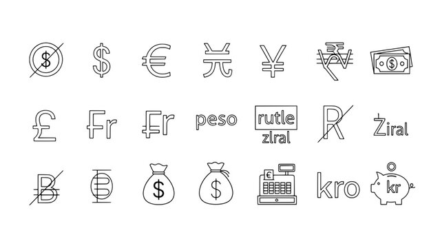 A Grid of 21 Outlined Currency and Financial Icons on a White Background
