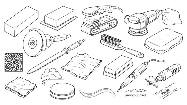 Detailed Line Art Set: Surface Prep & Finishing Tools, Abrasives, and Texture Illustrations