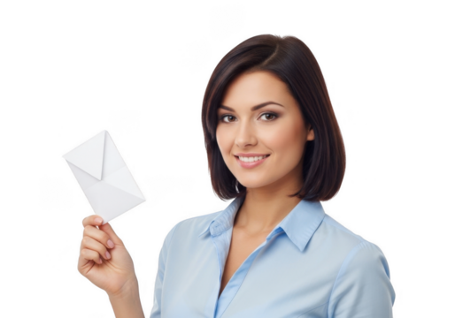 Smiling Businesswoman Holding Envelope Isolated on Transparent Background Image for Communications and Marketing - Powered by Adobe