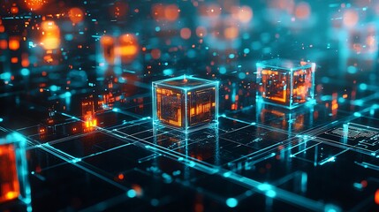 Neon blockchain nodes illuminating virtual landscape high resolution picture