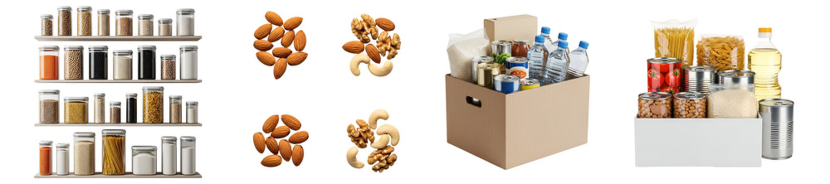 Assortment of shelf with jars, nuts and food donation boxes on a plain isolated setting scene on transparent background