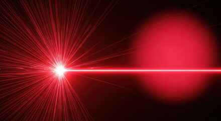 Abstract design featuring a vibrant red light burst emanating from a point, contrasted by a blurred red circle on a black background, creating a technological aesthetic.