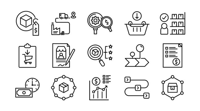 Procurement Line Icon Set. Purchase, sourcing, supply vendor, supplier, contract, order, inventory, logistics, payment, business, materials, goods icons vector illustration. Pixel-perfect stroke