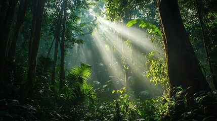 Peaceful rainforest glowing with morning sunbeams high resolution picture
