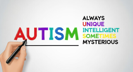 Colorful typography design with autism awareness text and a hand holding a marker, emphasizing unique, intelligent, and mysterious aspects. Ideal for educational or support material.