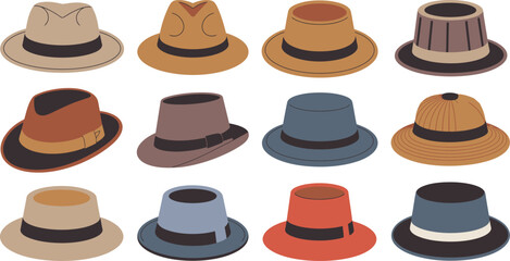 Collection of Twelve Stylish Fedora Hats with Bands in Various Colors and Designs Displayed