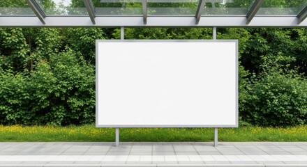 A blank white billboard under a bus stop canopy, surrounded by green trees and yellow flowers in a serene park setting, offers a prime advertising space.