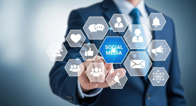 A businessman in a blue suit touches a digital social media icon, symbolizing modern business communication and innovative online networking on a gray background. - Powered by Adobe