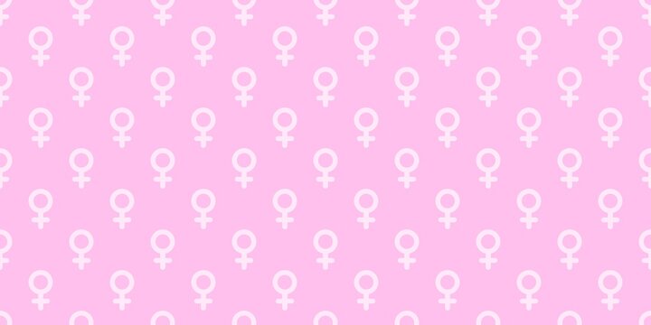 Seamless pattern with pink Venus female gender symbols on pink background. Minimalist feminist ornament for International Women's Day, empowerment, and equality identity wallpaper.