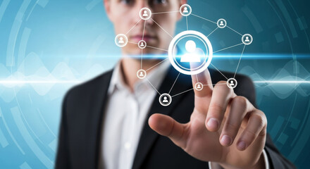 Close-up shot of a man interacting with a digital social network interface over a blue technological background, emphasizing connection and modern communication.