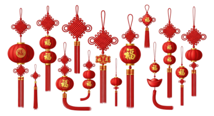 Collection of chinese new year lanterns and knots transparent background cutout png