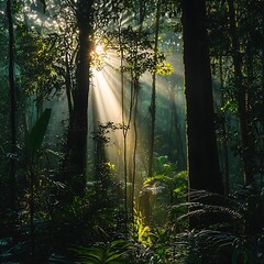Tropical forest sparkling under warm sunlight high resolution picture